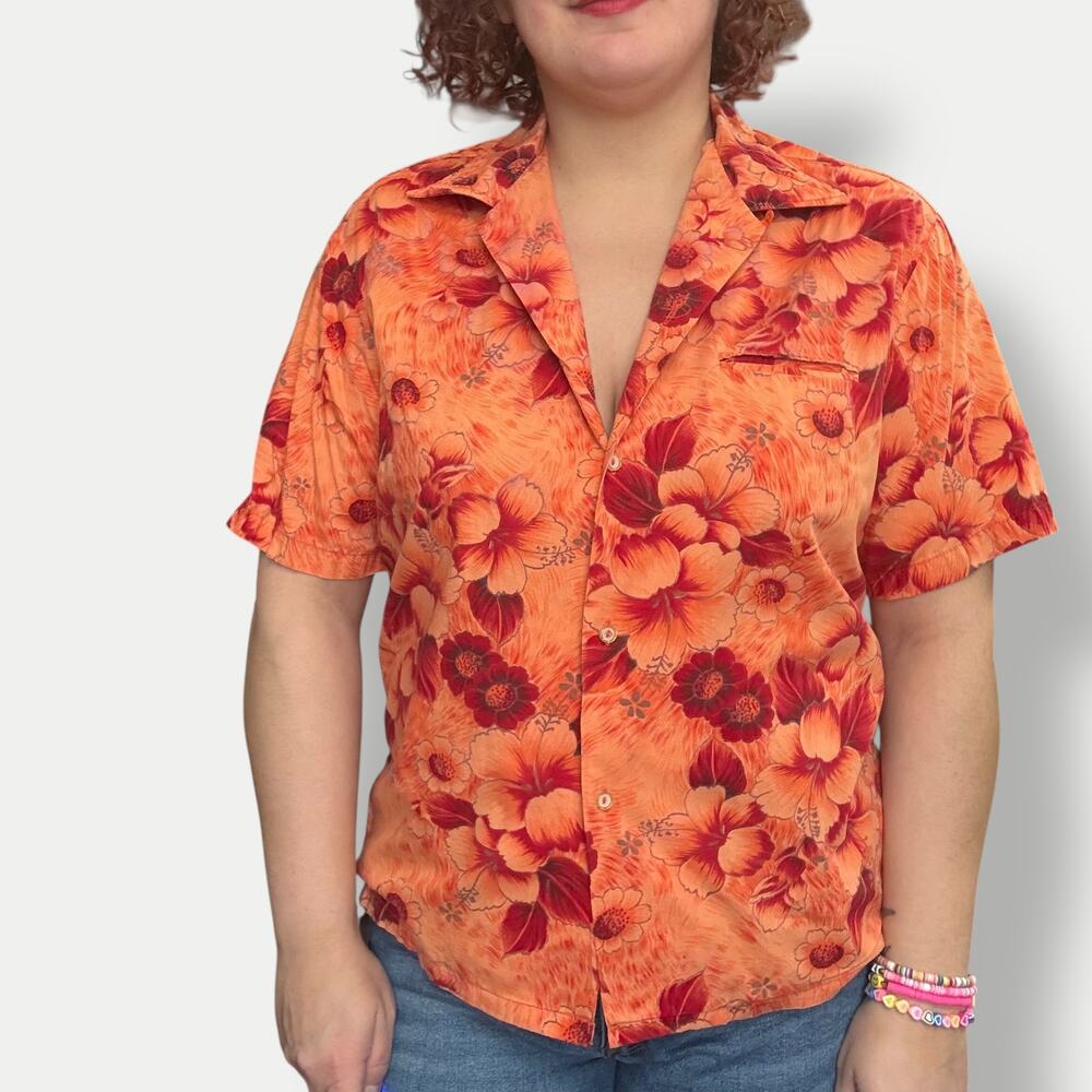 Vintage 60s orange hawaiian short sleeve button up size Large